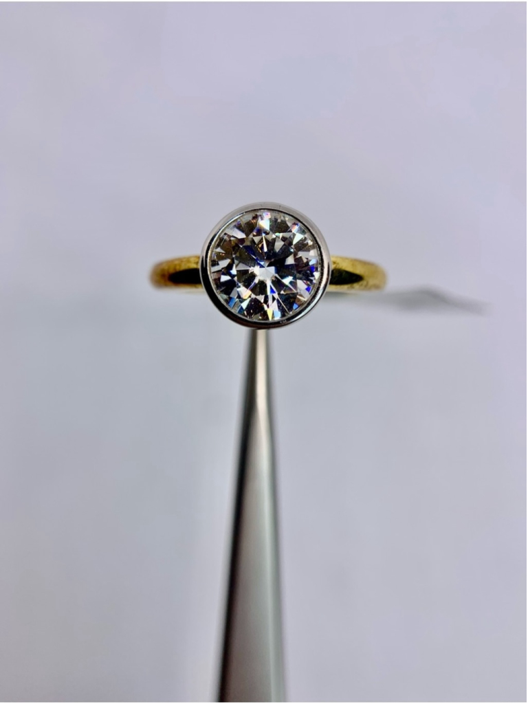 Yellow - White Gold Two Tone Bezel Moissanite Ring Brilliant Round Cut Gra 3ct